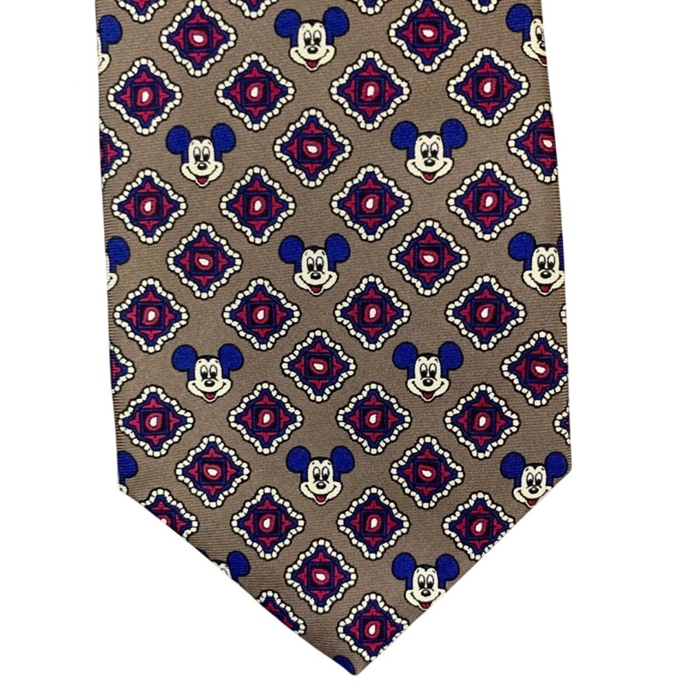 Balancine Disney Mickey Mouse Tie Mens Brown Red Blue Geometric Silk USA Made